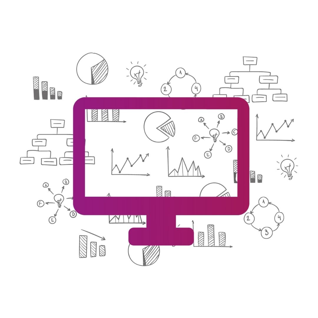a purple computer screen with graphics and graphs
