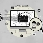 A technical illustration of the best AI video generator features including a camera on a tripod, a computer screen with circuit patterns, and a magnifying glass focused on a digital avatar.