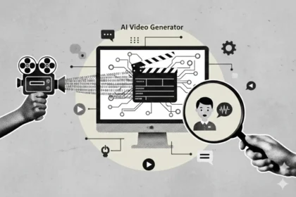 A technical illustration of the best AI video generator features including a camera on a tripod, a computer screen with circuit patterns, and a magnifying glass focused on a digital avatar.
