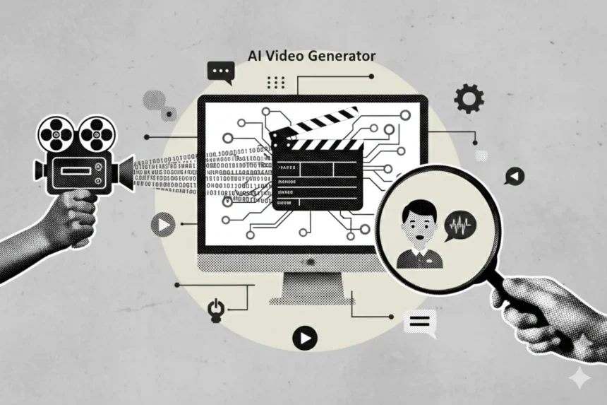 A technical illustration of the best AI video generator features including a camera on a tripod, a computer screen with circuit patterns, and a magnifying glass focused on a digital avatar.